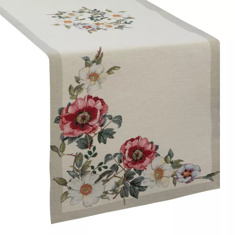 Bieżnik na stół naturalno, czerwony 45x140 cm gobelinowy z motywem kwiatowym