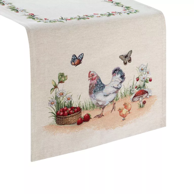 Bieżnik na stół naturalno, zielony 45x140 cm gobelinowy z motywem wiejskim Eurofirany