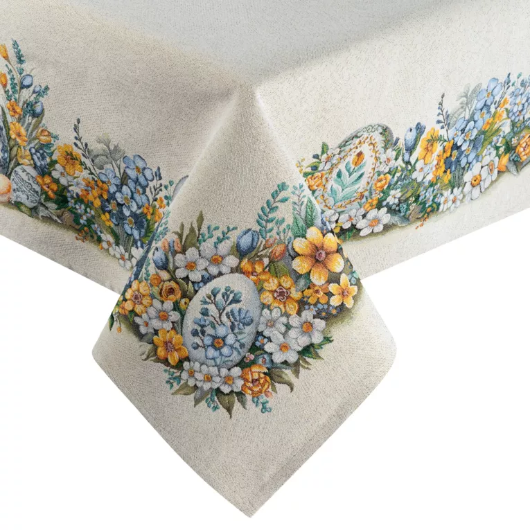 Wielkanocny obrus naturalno, niebieski 140x180 cm gobelinowy zdobiony tkanym motywem świątecznym Eurofirany