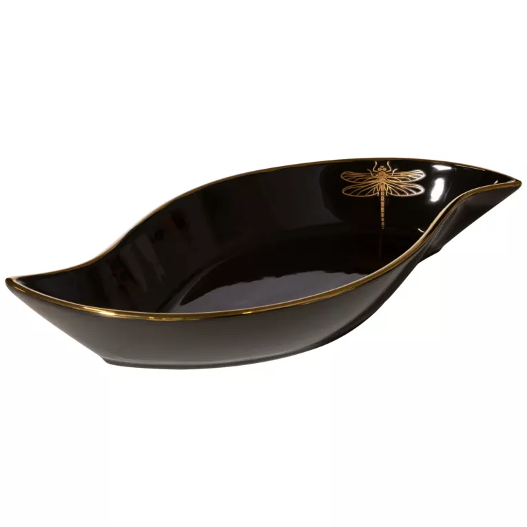 Patera dekoracyjna LORI czarna ze złotą ważką w kształcie łódki Eurofirany