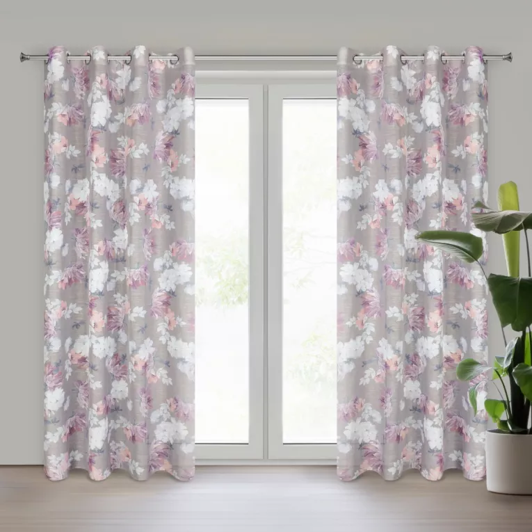 Zasłona srebrno, różowa w kwiaty z etaminy 140x250 cm przelotka SHERRY Eurofirany