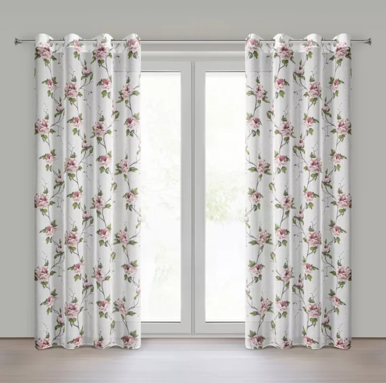 Zasłona biało, różowa z etaminy zdobiona nadrukiem pnących kwiatów 135x250 cm przelotki - RUTH Eurofirany
