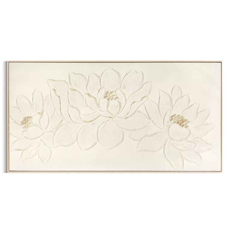 Obraz kremowo, złoty ręcznie malowany na płótnie z motywem strukturalnych kwiatów oprawiony w ramę 62x122 cm Eurofirany