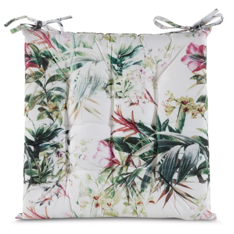 Poduszka na krzesło 40 x 40 x 5 cm wodoodporna biało, zielona zdobione roślinnym wzorem GARDEN Eurofirany