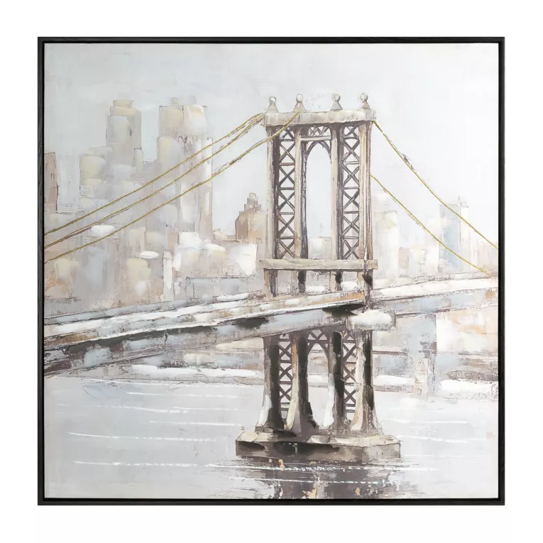 Obraz jasnobeżowy, kremowy recznie malowany most w mgle z metalicznymi akcentami 80x80 cm Eurofirany
