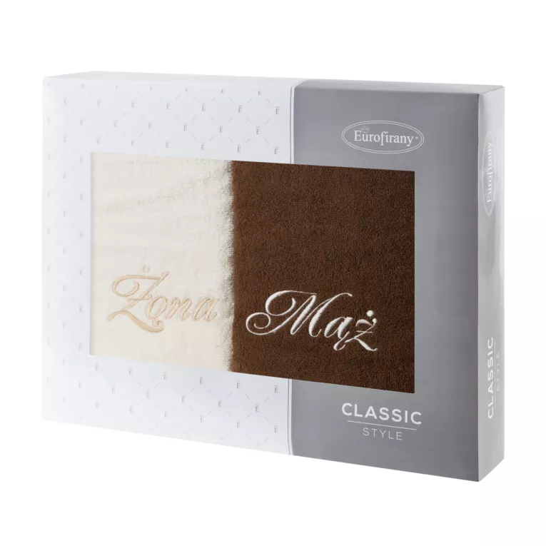 Zestaw ręczników bawełnianych 2 szt 50x90 cm z haftem Żona i Mąż kolor kremowy,brązowy 400 g/m2 Eurofirany