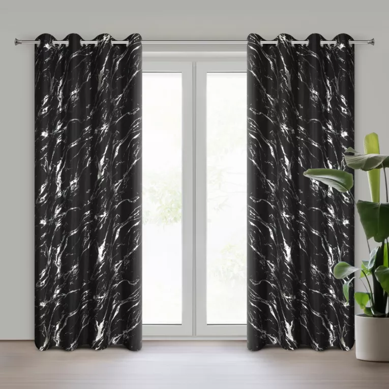 Zasłona czarno, srebrzysta zdobiona nadrukiem marmurku 140x250 cm przelotka LANI Eurofirany
