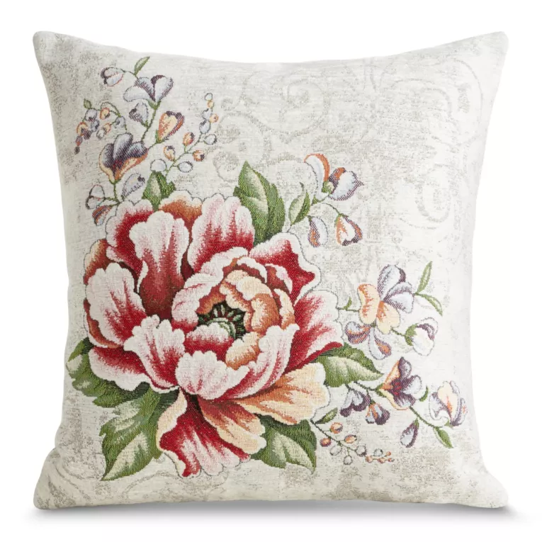 Poszewka na poduszkę 45x45 cm z grubszej tkaniny gobelinowej z nicią szenilową z motywem kwiatów czerwono, naturalna Eurofirany