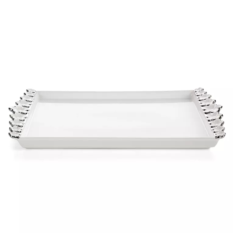 Patera dekoracyjna biało, srebrna zdobiona metalicznymi kwiatami 39x22x3 cm ARIANA Eurofirany