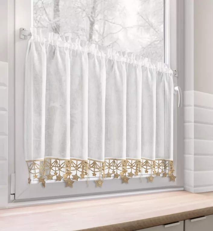 Zazdrostka świąteczna biało, złota z etaminy zdobiona luźno zwisającymi gwiazdkami 150x60 cm tunel - XMAS Eurofirany