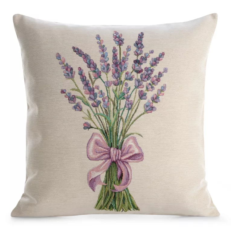 Poszewka na poduszkę 45x45 cm bawełniana, gobelinowa naturalno, zielona z nadrukiem lawendy GOBELIN Eurofirany