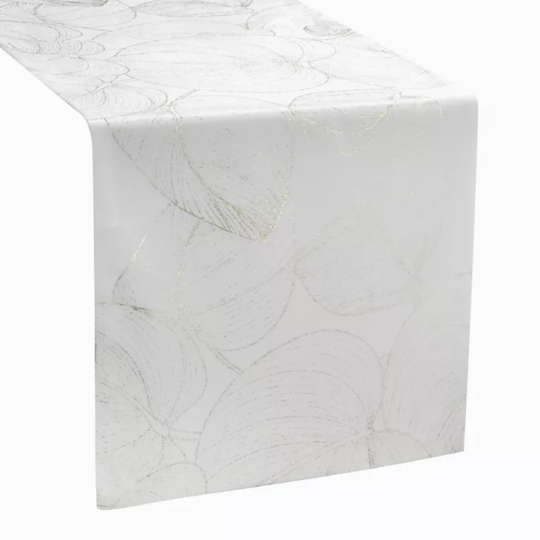 Bieżnik na stół biało, złocisty 35x140 cm welwetowy BLINK 16 z dużym wzorem liści