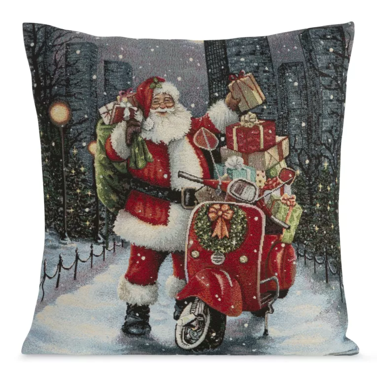 Poszewka na poduszkę 45x45 cm bawełniana, gobelinowa z mieszanki włókien zdobiona nadrukiem Mikołaja z prezentami popielato, czerwona GOB Eurofirany