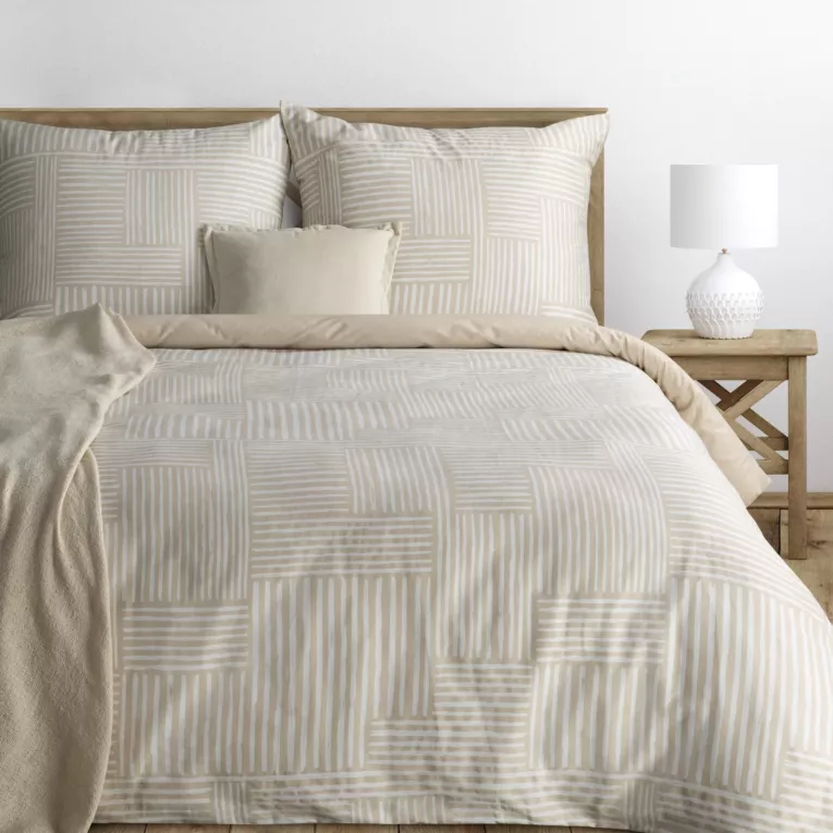 Pościel 140x200 cm komplet 2 częściowy satyna bawełniana kolor biało, beżowy z geometrycznym motywem SPRING 80 Eurofirany