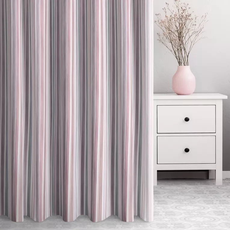 Zasłona szyta na taśmie fala różowo popielata z tkaniny o naturalnym splocie z nadrukowanym wzorem w pasy