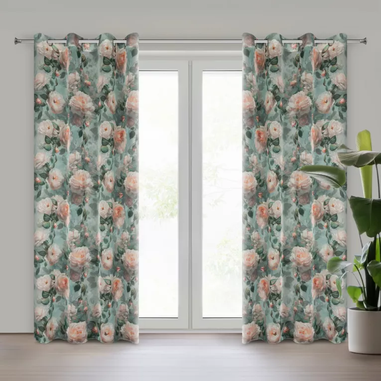 Zasłona miętowa w różowe róże z efektem akwareli z etaminy 140x250 cm przelotka INKA Eurofirany