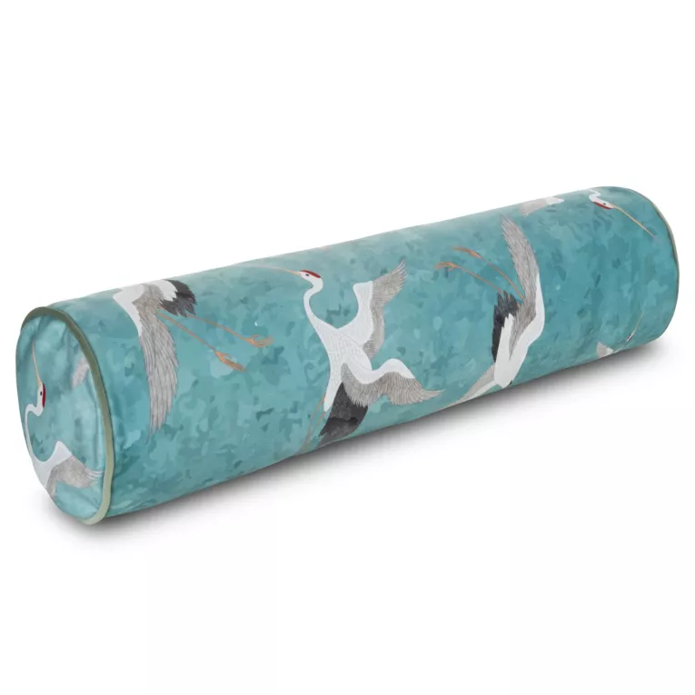 Poduszka dekoracyjna wałek 62 x 16 x 16 cm welwetowa turkusowo, biała z nadrukiem żurawi i wypustką na brzegach MILA Eurofirany