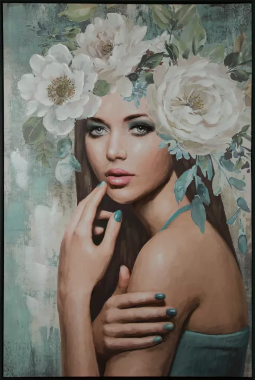 Obraz portret kobiety w nakryciu głowy z kwiatów ręcznie malowany na płótnie Eurofirany