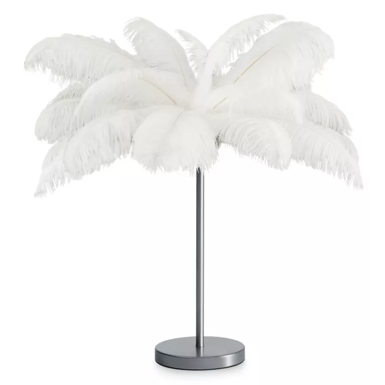 Lampa stojąca do salonu srebrno, biała FERI na metalowej podstawie z niezwykle efektownym abażurem z naturalnych strusich piór Eurofirany