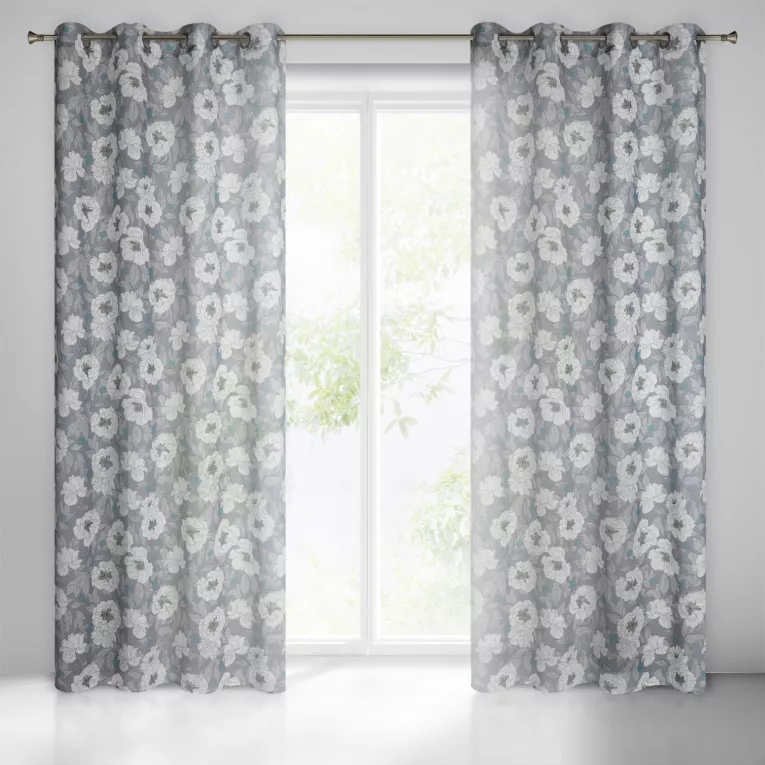 Zasłona popielato, biała w kwiaty o płóciennym splocie 140x250 przelotka FABIA Eurofirany