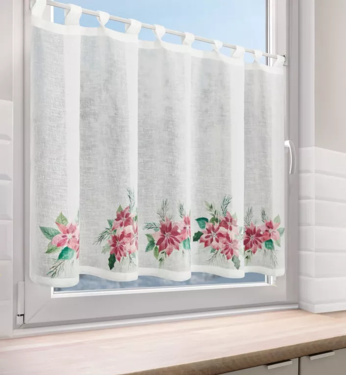 Zazdrostka świąteczna biało, czerwona zdobiona motywem gwiazd betlejemskich 150x90 cm szelki - XMAS 3 Eurofirany