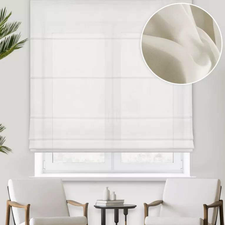 Roleta rzymska beżowa z miękkiej, delikatnej krepy, wykończona obciążnikiem