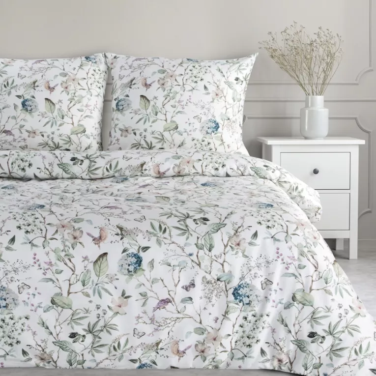 Pościel 220x200 cm z satyny bawełnianej kolor biały, zielony z kwiatowym wzorem SPRING 56 Eurofirany