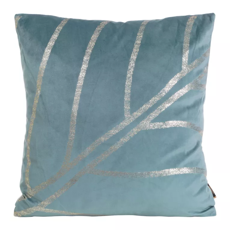 Poszewka na poduszkę 45x45 cm welwetowa z błyszczącym nadrukiem liści niebieska BLINK 38 Eurofirany