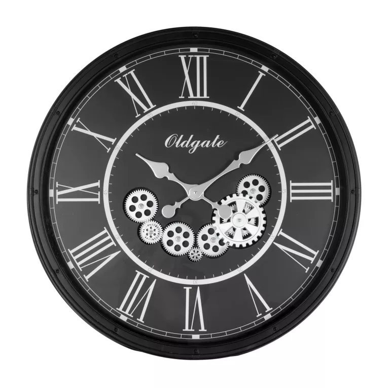 Okrągły zegar ścienny w metalowej ramie z ruchomymi kołami zębatymi Eurofirany