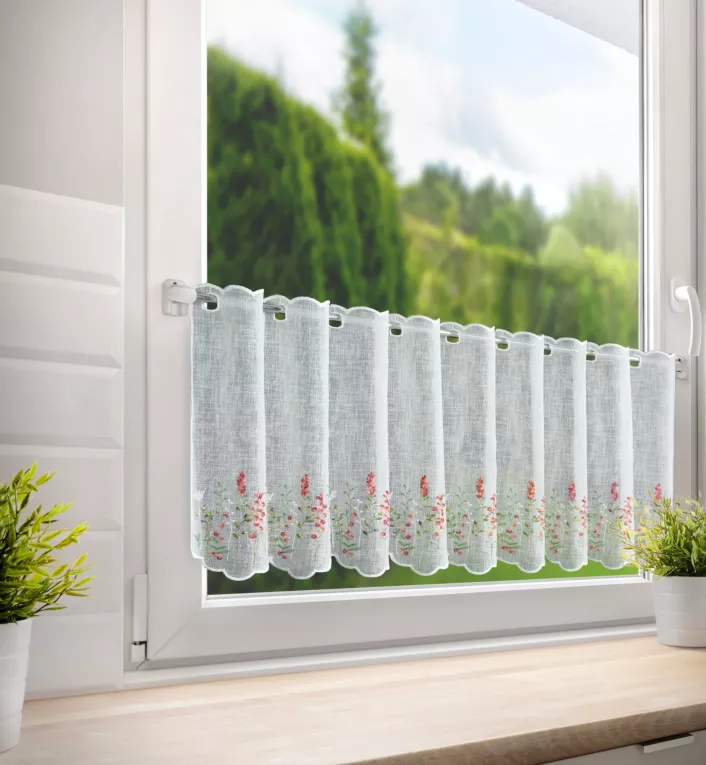 Tkanina firanowa zazdrostka zdobiona haftem polnych kwiatów Eurofirany