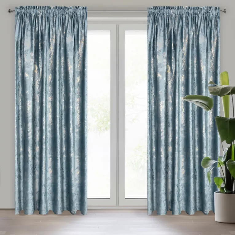 Zasłona niebiesko, złota z efektem błyszczącej przecierki z welwetu 135x270 cm na taśmie KORNELIA Eurofirany