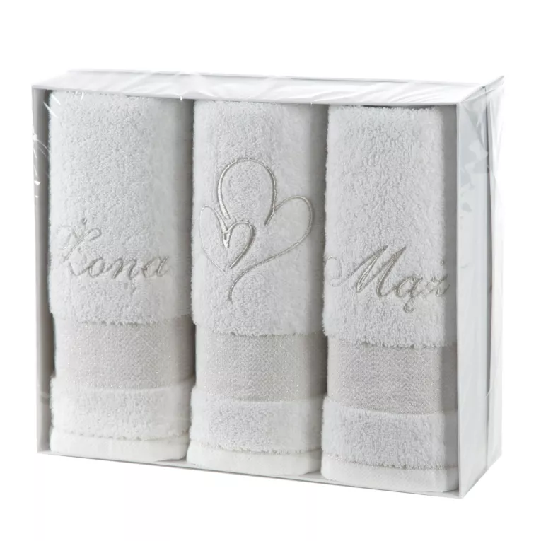Zestaw ręczników bawełnianych na prezent 3 szt 50x90 cm kolor biały z haftem ŻONA MĄŻ Eurofirany