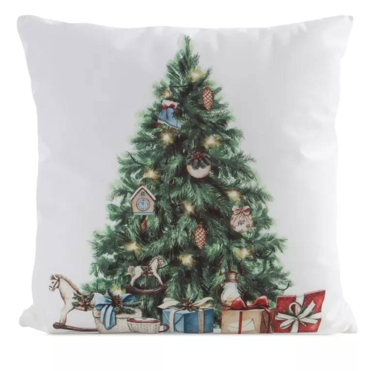 Poszewka na poduszkę 45x45 cm welwetowa biało, zielona zdobiona choinką świąteczną Eurofirany