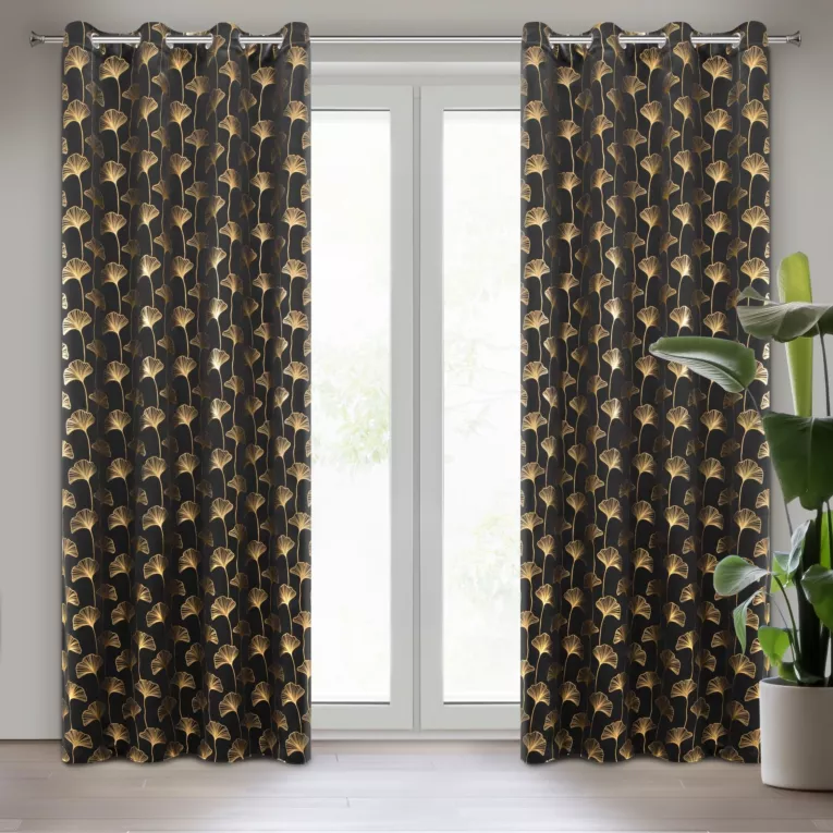Zasłona czarno, złota w botaniczym stylu, zaciemniająca 135x250 cm przelotka CLARA Eurofirany