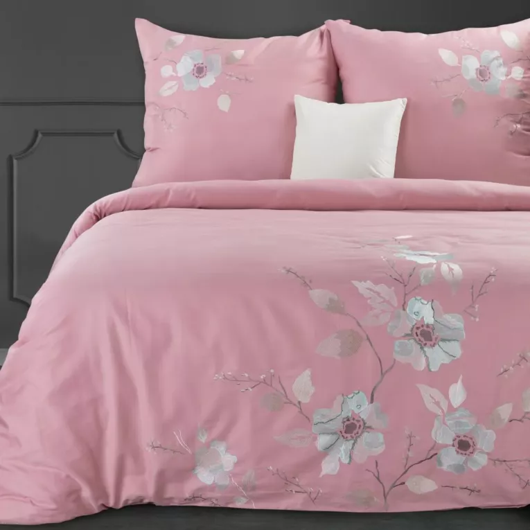 Pościel 220x200 cm z satyny bawełnianej kolor różowy, jasnoszary haftowana w kwiaty HAFT 6 Eurofirany Premium