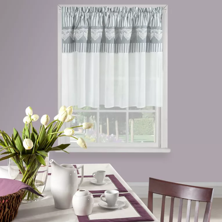 Firana zazdrostka 90 x 150 cm szaro biała z piękną koronką