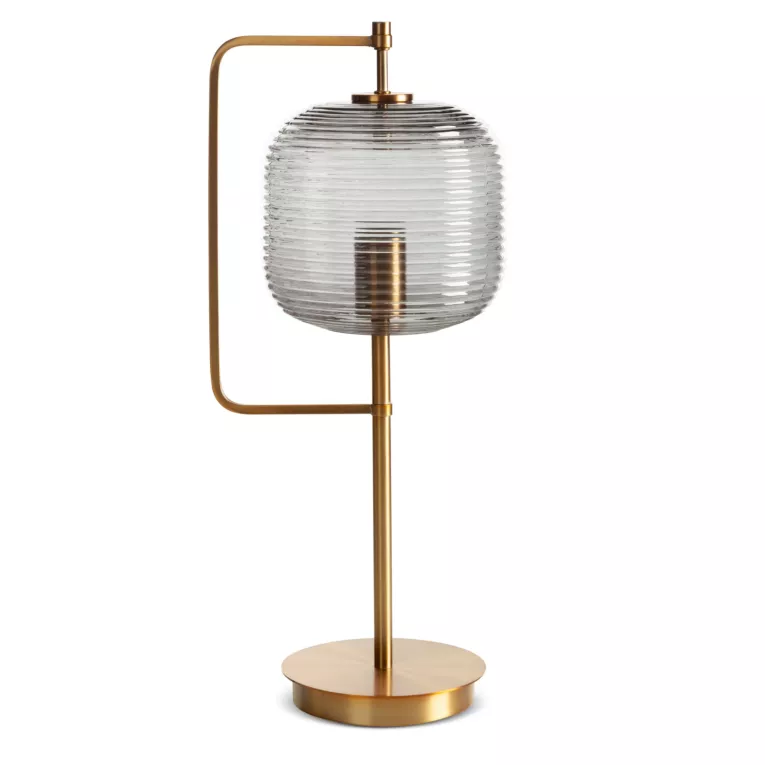 Lampa stołowa do pokoju złoto, grafitowa ARON z tłoczonym szklanym abażurem Eurofirany