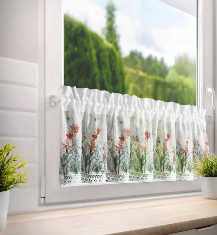 Zazdrostka biało, fioletowa zdobiona nadrukiem letnich kwiatów 30x150 cm tunel NEMEZJA Eurofirany