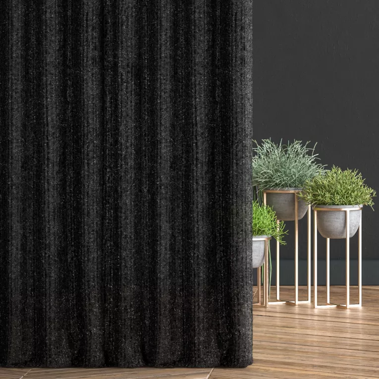 Zasłona szyta na taśmie fala czarna z tkaniny z aplikacją i haftem