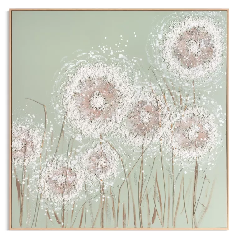 Obraz 3D z dmuchawcami kremowy, jasnozielony ręcznie malowany oprawiony w ramę 102x102 cm Eurofirany