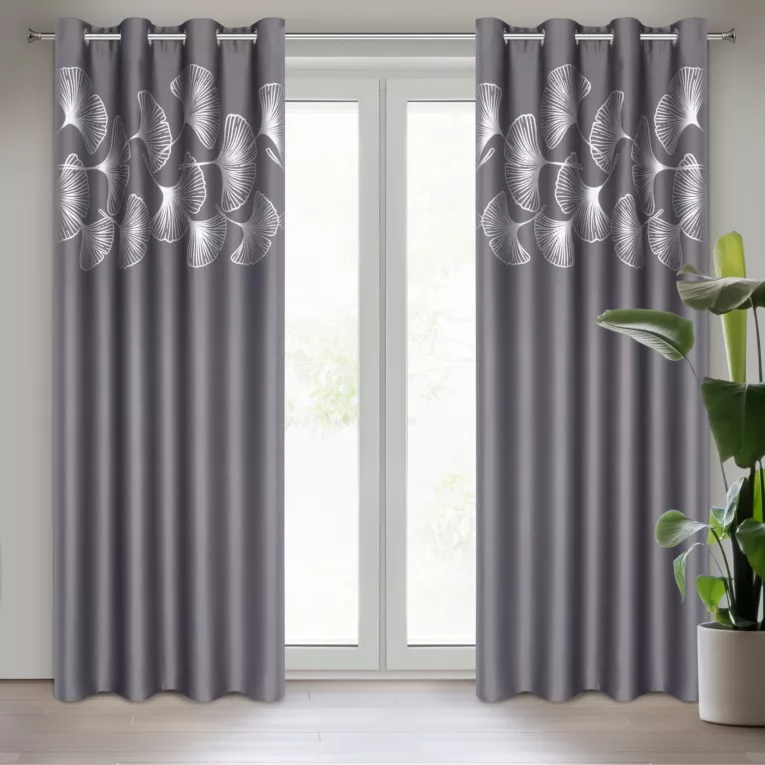 Harmony grafitowa zasłona zaciemniająca ze złotym wzorem liści ginko na przelotkach 140x250 cm Eurofirany