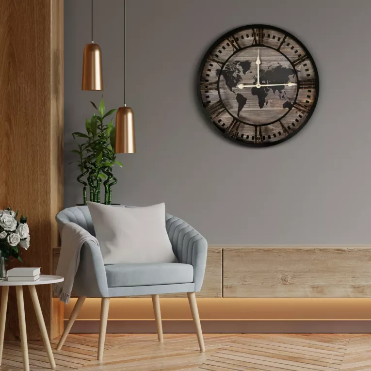 Okrągły zegar ścienny z mapą świata na cyferblacie Eurofirany
