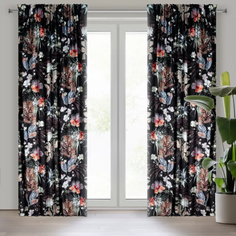 Zasłona czarno, ruda z nadrukiem kwiatów z tkaniny welwetowej 140x270 cm taśma ALANI Eurofirany