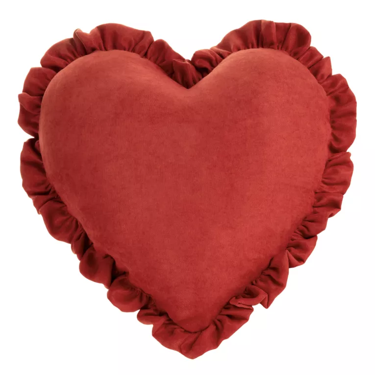 Poduszka w kształcie serca 45 x 45 cm czerwona zdobiona subtelnymi falbanami Eurofirany