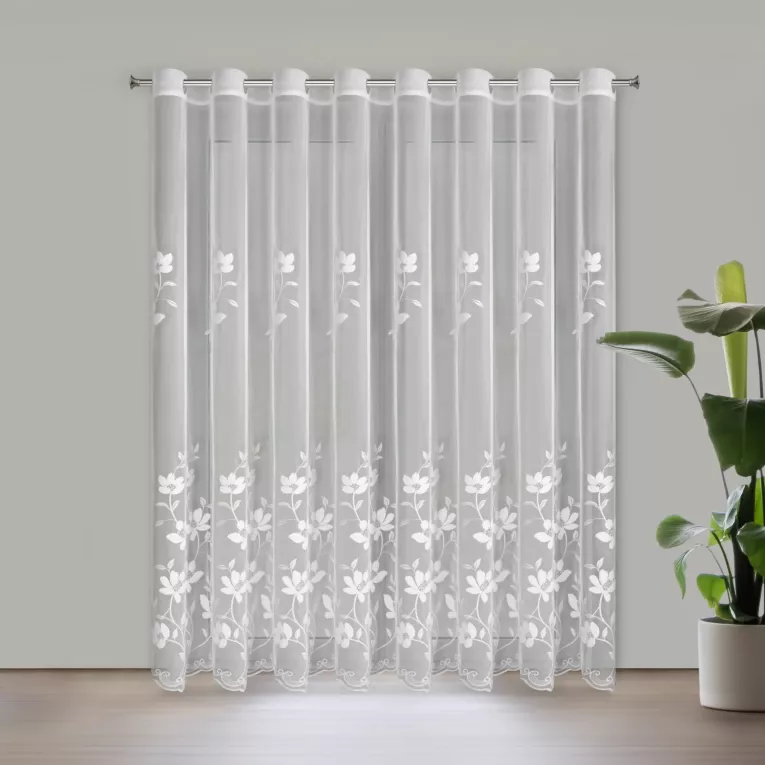 Firana biała SANDI z tkaniny typu peru zdobiona haftem 350x250 cm przelotka - SANDI Eurofirany