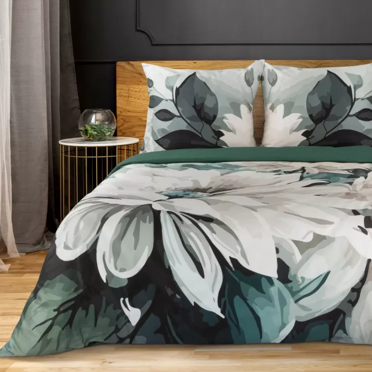 Pościel 220x200 bawełniana kolor ciemnozielony, jasnoszary zdobiona nadrukiem kwiatów LINDA Eurofirany Premium