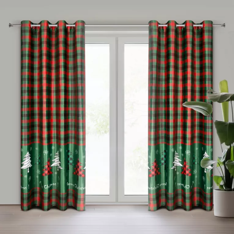 Zasłona zielono, czerwona świąteczna z tkaniny welwetowej 140x250 cm przelotka FELIKS Eurofirany