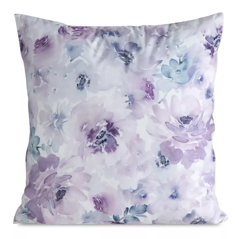 Poszewka na poduszkę 45x45 cm welwetowa zdobiona nadrukiem letnich kwiatów biało, fioletowa MINK Eurofirany