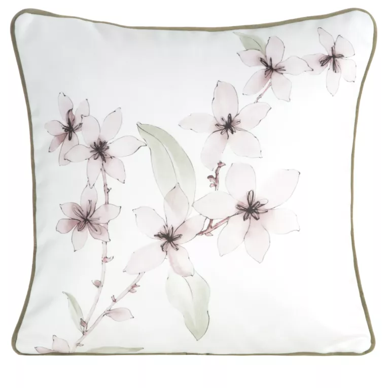 Poszewka na poduszkę dwustronna 45x45 cm welwetowa z motywem roślinnym z wypustką na brzegach biało, pudrowa BIANCA EUROFIRANY PREMIUM