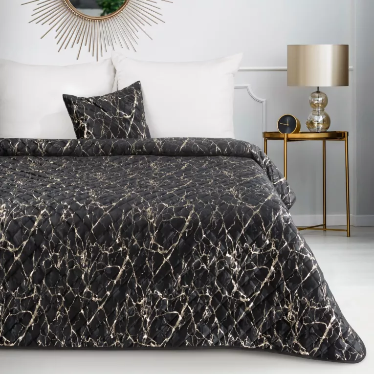 Narzuta welwetowa czarno, szampańska 220x240 cm pikowana metodą hot press z błyszczącym wzorem marmurku BLINK 4 EUROFIRANY PREMIUM